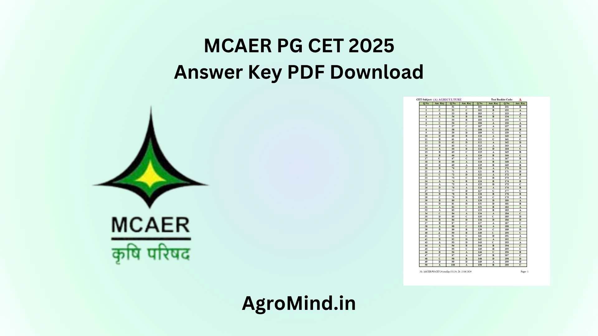MCAER PG CET 2025 Answer Key PDF Download, AgroMind